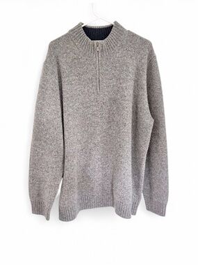 LL Bean Mens Sweater XXL Grey Shetland Wool Elbow Patch Quarter Zip Preppy